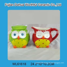 Ceramic owl sugar and creamer set with spoon